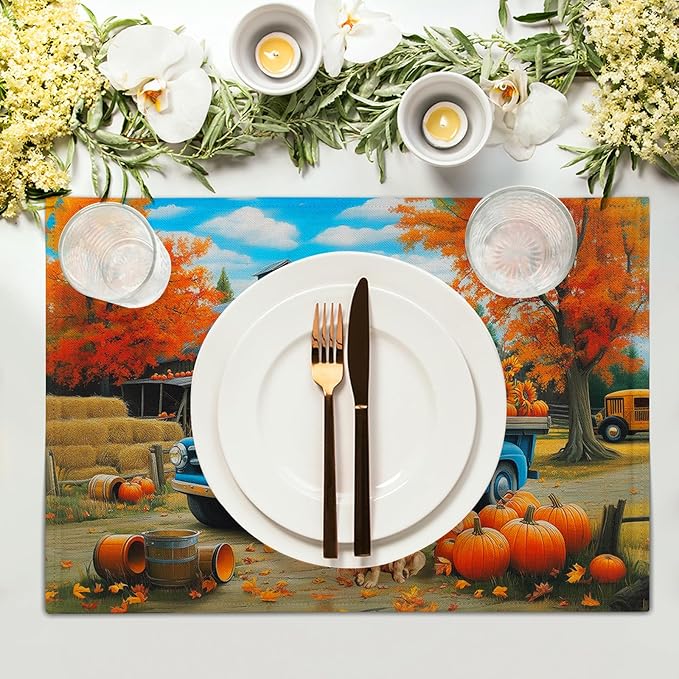 Giwawa Fall Truck Placemats Set of 4 Autumn Maple Tree Pumpkins Sunflowers Dog Decorative Linen Table Place Mat 12x18 Inch Non Slip Heat Resistance for Kitchen Dining Party Thanksgiving