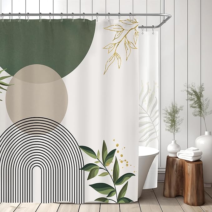 Extra Wide Boho Shower Curtain 180Wx70H Wrap Around Clawfoot Tub Curtain Sage Green Modern Bohemian Abstract Gold Leaves Mid Century Bathroom Decor Minimalist Bath Fabric Polyester 32 Pack Hook