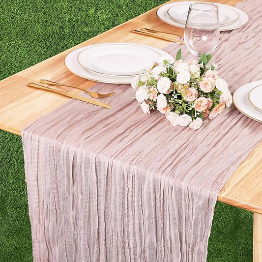 Crinkle Cheesecloth Table Runner 35x160 Inch Long Dusty Pink Boho Table Runner Rustic Gauze Wedding Dining Table Decorations for Holiday Birthday Party Baby Shower Event Decorations