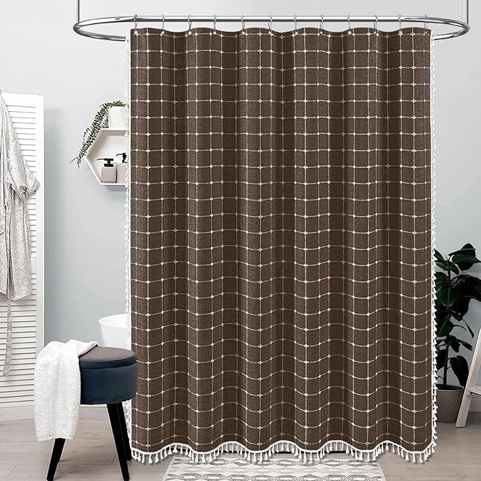 BTTN Stall Fabric Shower Curtain - 54x78 Inches Boho Linen Heavy Duty Tassel Shower Curtain Set with 10 Hooks, Narrow Rustic Modern Farmhouse Neutral Cloth Thick Shower Curtains for Bathroom - Brown