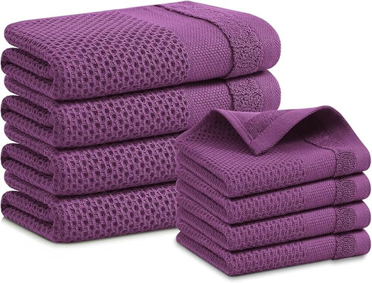 Homaxy Kitchen Towels and Dishcloths Set, 12 x 12 and 13 x 28 Inches, Set of 8 100% Cotton Waffle Weave Kitchen Towels, Super Soft and Absorbent Dish Cloths, Purple