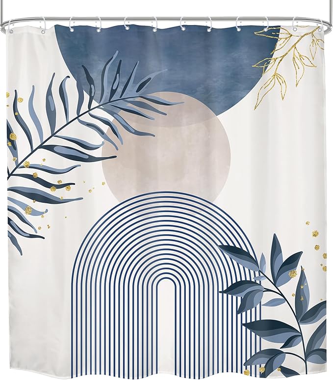Navy Blue Boho Shower Curtain 72Wx78H Grey Modern Bohemian Abstract Leaves Plant Botanical Mid Century Minimalist Bathroom Decor Geometric Neutral Bath Curtain Fabric Polyester 12 Pack Hooks