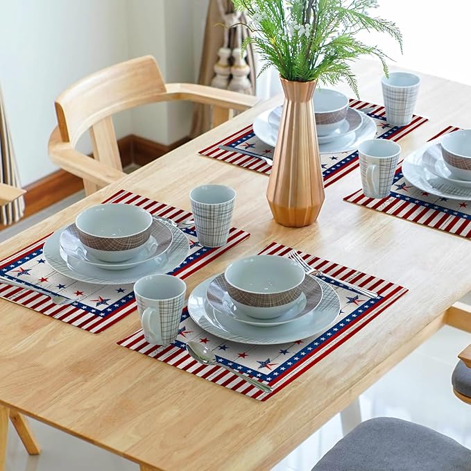 Giwawa 4PCs Patriotic Stars Placemats, 4th of July America Star Wreath Table Mat for Kitchen Dining, Independence Day Decorative Washable Linen Place Mat 12x18in for Holiday Party Picnic