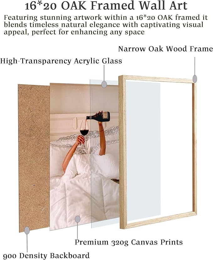 EcoHest Woman Drinking Wine in Bed Framed Wall Art, 16x20 in Large OAK Wood Feminist Alcohol Canvas Art, Trendy Teen Girl Bar Cart College Room Decor, Beige Logs Set of 1 For Bedroom Living Room