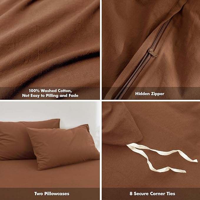 FOSSA Duvet Cover Set 100% Washed Cotton Linen Feel Super Soft Breathable Cozy 3 Pieces Bedding Sets Solid Dark Orange Oversized King