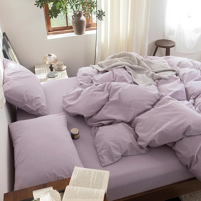 FOSSA Duvet Cover Set 100% Washed Cotton Linen Feel Super Soft Breathable Cozy 3 Pieces Bedding Sets Solid Light Purple Queen