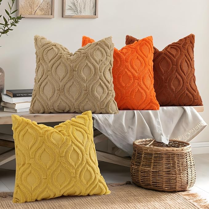 decorUhome Fall Throw Pillow Covers 16x16 Inch Set of 2, Soft Plush Decorative Faux Fur Rust Solid Couch Pillow Covers, Accent Farmhouse Neutral Square Euro Pillow Cases for Sofa Bed Living Room