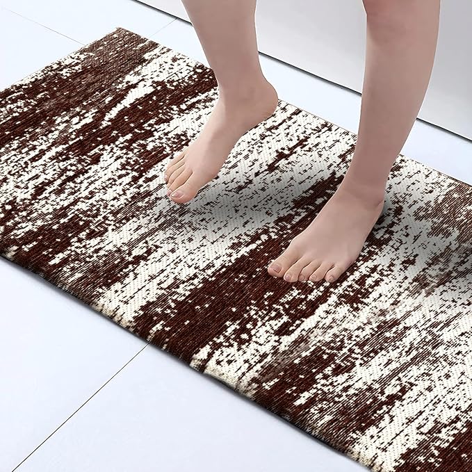 HDFK Graffiti Bath Mat | Non Slip Water Absorbent Quick Dry Woven Floor Mats | Thin Machine Washable Modern Shower Rug | Low Pile Profile Fit Under Door Vanity Room Bathroom Rugs | 30x20 Inch Brown