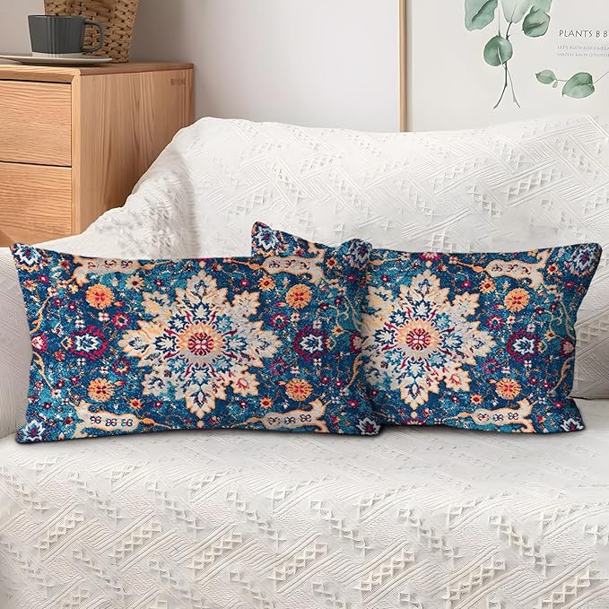 Boho Throw Pillow Covers 12x20 inch Set of 2,Boho Vintage Carpet Pattern Antique Ethnic Decor Double Sided Pattern Cushion Cover Soft Pillow Case Living Sofa Room Bed Square Pillow Cover