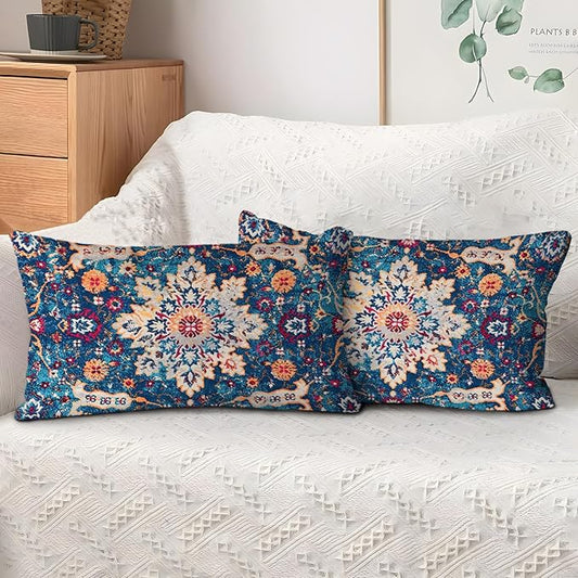 Boho Throw Pillow Covers 12x20 inch Set of 2,Boho Vintage Carpet Pattern Antique Ethnic Decor Double Sided Pattern Cushion Cover Soft Pillow Case Living Sofa Room Bed Square Pillow Cover