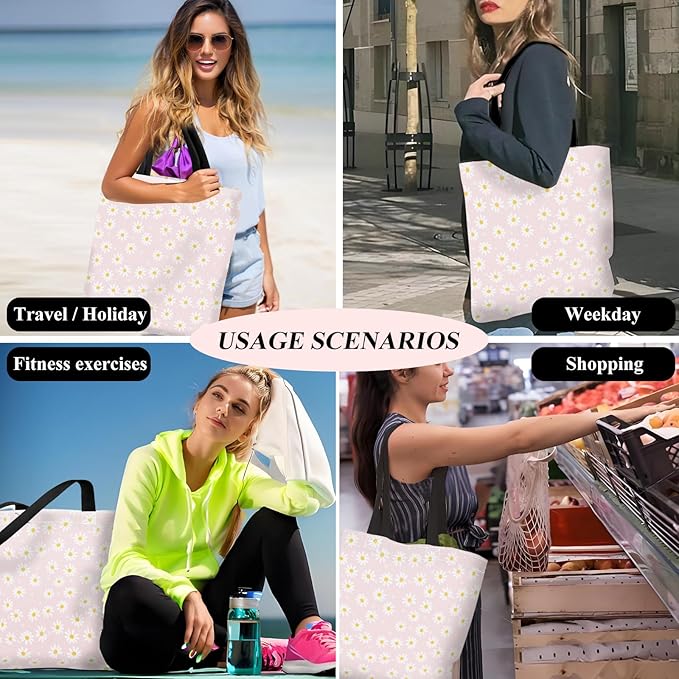 Canvas Tote Bag for Women，Cute Heavy-Duty Shoulder Bag with Zipper Pocket -Travel Tote for Grocery, Gym,Shopping