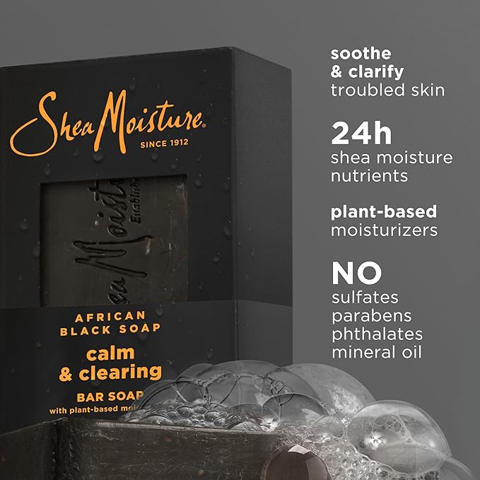 SheaMoisture Bar soap African Black Soap 4 count Soothe and Clarify Skin Soothing and Clarifying bar soap with 24h shea moisture nutrients for Healthy, Glowing Skin 8 oz
