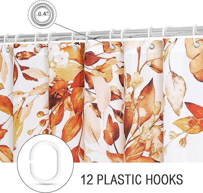 Gibelle Small Stall Shower Curtain 36 x 72, Narrow Orange Floral Shower Curtain for Bathroom, Fall Watercolor Plant Eucalyptus Leaves Fabric Shower Curtain Set with Hooks