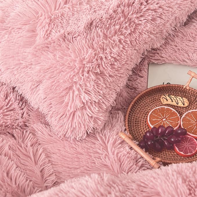 MorroMorn 5 PCS Shaggy Duvet Cover Bedding Set - Fluffy Comforter Cover Long Faux Fur Luxury Ultra Soft Cozy (Blush, King/California King)