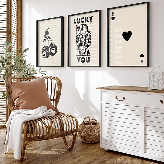 Heiple Framed Set of 3 Poker Wall Art Lucky You Poster, Trendy Retro Print Wall Decor for Queen of Hearts Wall Art Rustic Vintage Farmhouse Home Wall Decor（Black 12"x16"）