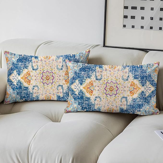 Boho Throw Pillow Covers 12x20 inch Set of 2,Boho Vintage Carpet Pattern Antique Ethnic Decor Double Sided Pattern Cushion Cover Soft Pillow Case Living Sofa Room Bed Square Pillow Cover