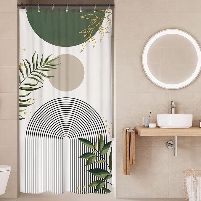 Small Stall RV Shower Curtain 36Wx72H Half Single Green Modern Boho Mid Century Abstract Gold Leave Grey Plant Bathroom Decor Minimalist Arch Aesthetic Bath Curtain Polyester 7 Pack Hooks