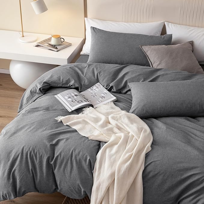 JIYUAN 100% Washed Cotton Duvet Cover Set 3 Pieces Queen, 1 Duvet Cover 90x90 Inches (Comforter Not Included) and 2 Pillowcases,Linen Feel Bedding Set Comfy and Breathable, Heathered Dark Grey