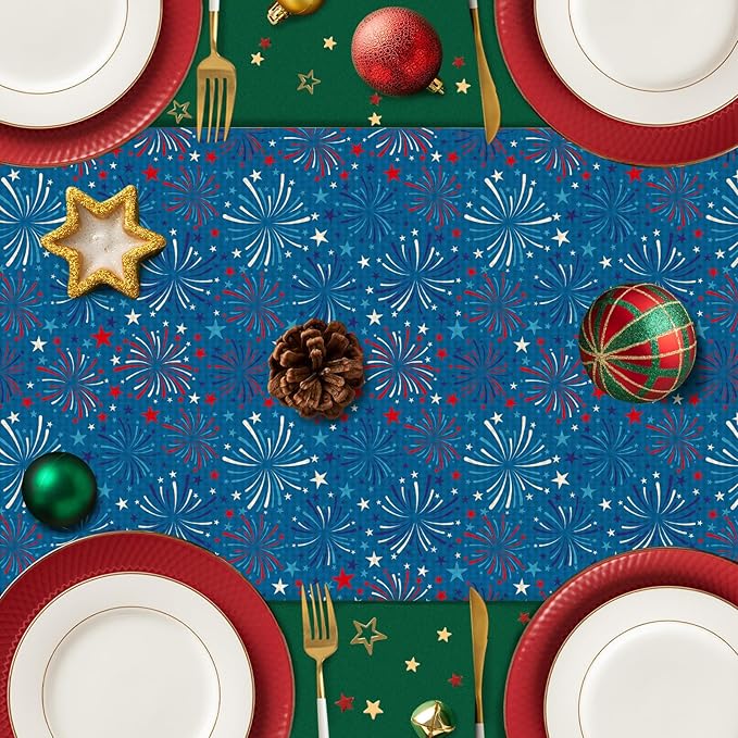 4July Blue Firework Burlap Table Runner Seasonal Spring Fall Kitchen Dining Linen Table Decoration for Indoor Outdoor Home Party Dinner 13x72 Inch