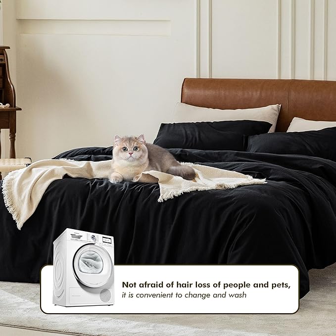 FOSSA Duvet Cover Set 100% Washed Cotton 3 Pieces Bedding Set Twill Soft Cozy Breathable Sturdy Substantial with Textured Weave Solid Black King