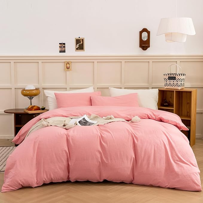 ECOCOTT Pink Duvet Cover King Size - Linen Feel Textured Organic Natural 100% Washed Cotton, Soft Breathable 3 Pieces Bedding Set with Zipper Closure