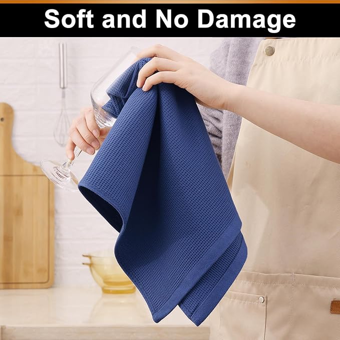 Homaxy 100% Cotton Waffle Weave Kitchen Towels - 8 Pack Soft and Absorbent Dish Towels - 16 x 26 Inches Quick Dry Hand Towels - Navy Blue