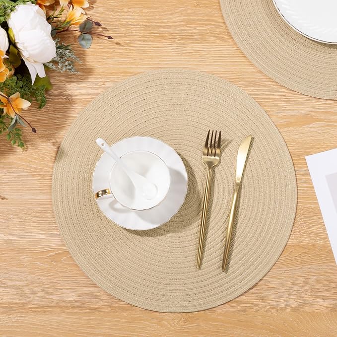 SHACOS 15 inch Round Braided Placemats Set of 6 Non Slip Heat Resistant Round Table Mats Fabric Place Mats for Dinner Party Table Decoration (Light Beige, 6)
