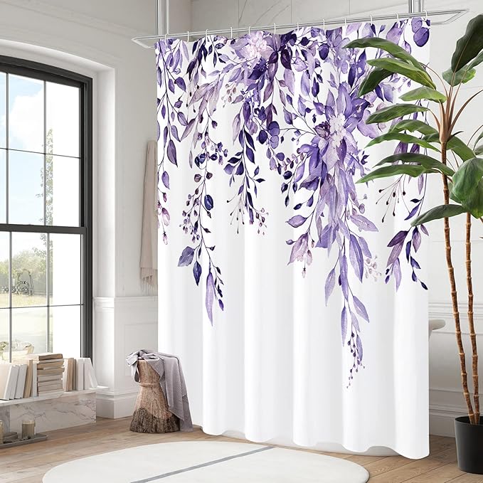 Gibelle Long Shower Curtain 72 x 78, Purple Floral Shower Curtain for Bathroom, Watercolor Plant Eucalyptus Leaves Fabric Shower Curtain Set with Hooks