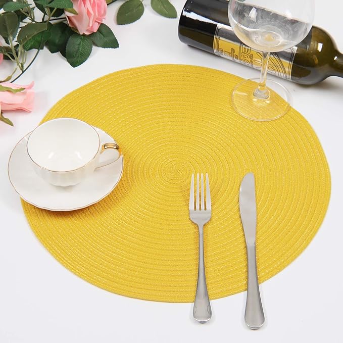 SHACOS Round Braided Placemats Set of 6 Kitchen Place Mats 15 inch Round Table Mats for Dining Tables Washable (Yellow, 6)