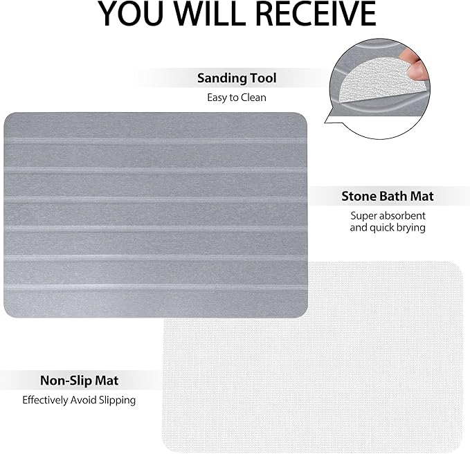 Absorbent Stone Bath Mat, Diatomaceous Earth Shower Mats, Non-Slip Water Absorbing Diatomite Stone Mat for Bathroom Floor, Quick-Drying Easy to Clean (23" x 16" Gray)