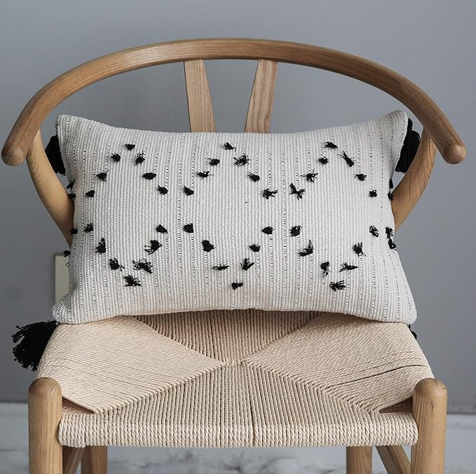 LIGICKY Boho Lumbar Pillow Covers 12x20 Inch Decorative Throw Pillows for Couch Chair Sofa Black and Off White Woven Tufted Pillow Case with Tassels