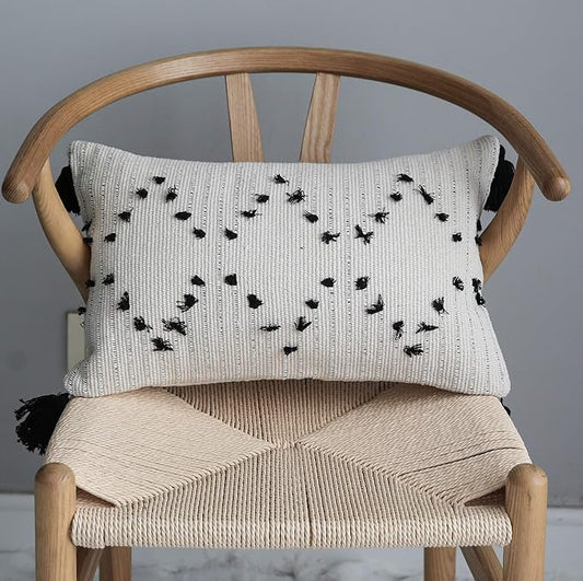 LIGICKY Boho Lumbar Pillow Covers 12x20 Inch Decorative Throw Pillows for Couch Chair Sofa Black and Off White Woven Tufted Pillow Case with Tassels