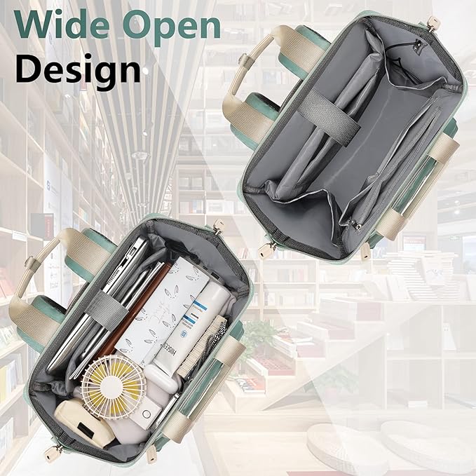 FALANKO Laptop Backpack for Women, Doctor Teacher Nurse Work Bookbag for 17.3 Inch Laptop, Large Travel Wide Open College Shoulder Purse Bag With RFID Anti Theft USB Charging Port-Green