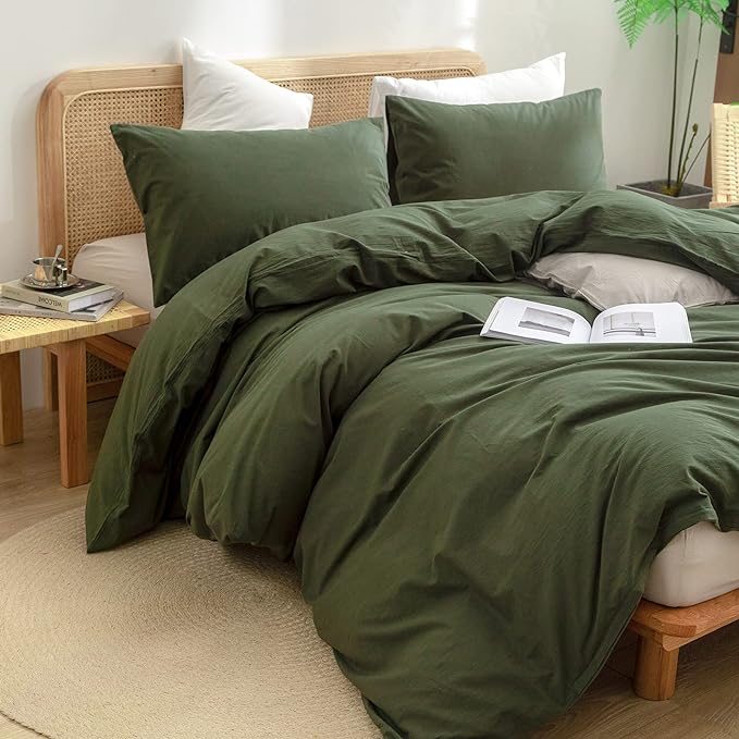 BESTOUCH Duvet Cover Set 100% Washed Cotton Linen Feel Super Soft Comfortable Chic Lightweight 3 PCs Home Bedding Set Solid Olive Green Super King Plus