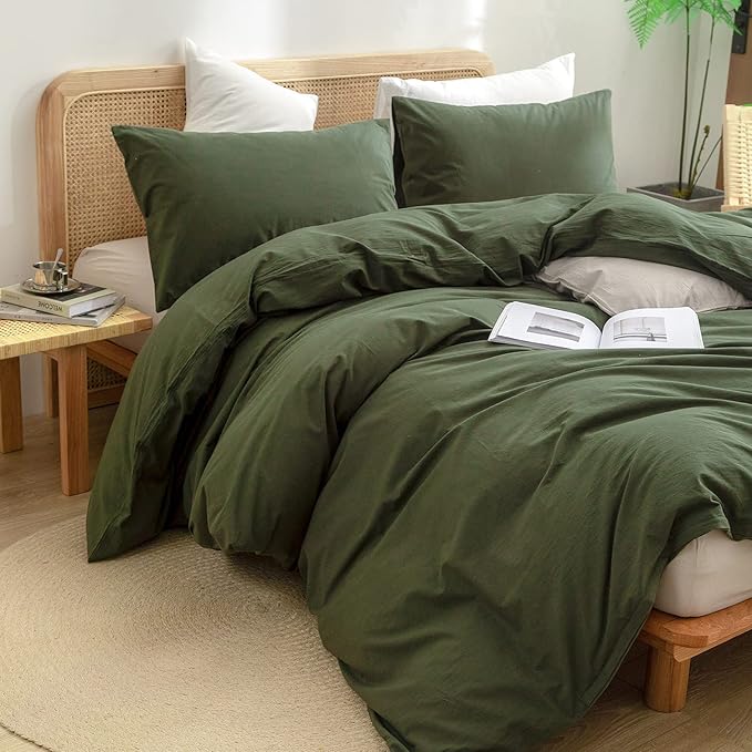 BESTOUCH Duvet Cover Set 100% Washed Cotton Linen Feel Super Soft Comfortable Chic Lightweight 3 PCs Home Bedding Set Solid Olive Green Cal King