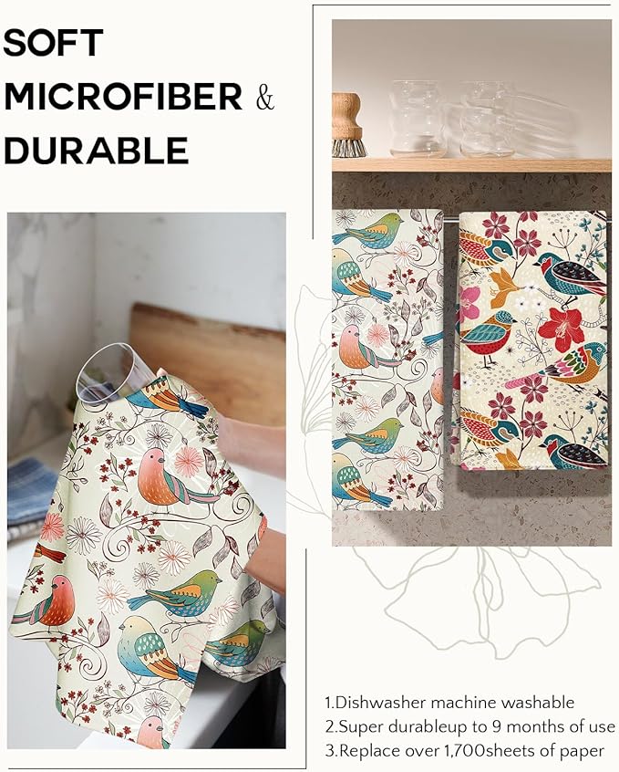 Microfiber Kitchen Towels - Set of 2 Dish Towels for Kitchen 18 x 26 Inch Home Decoration Floral Bird Cute Spring Hand Towels Soft & Absorbent Aesthetic Design