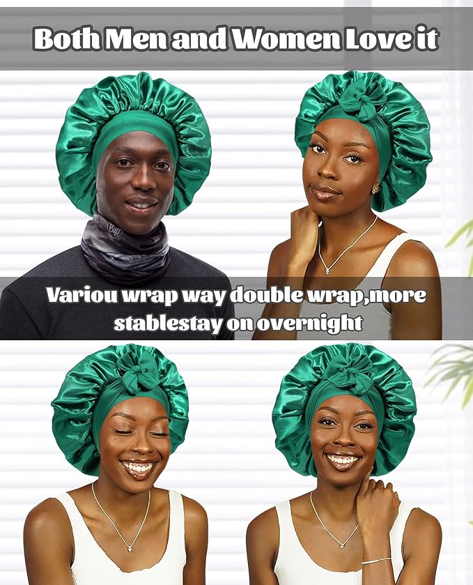 Satin Bonnet Silk Bonnet for Sleeping Silk Sleep Cap Double Layer Hair Bonnet with Elastic Tie Band for Curly Hair Night Cap (Dark Green+Black)