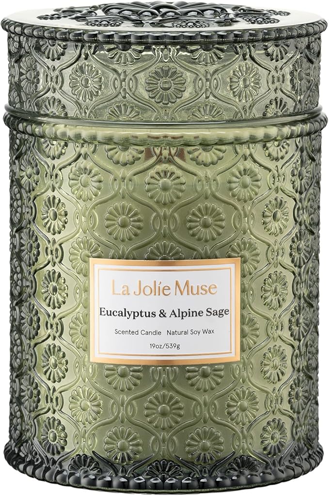 LA JOLIE MUSE Scented Candles Eucalyptus & Alpine Sage, 19 oz Large Wood Wicked Candle, Decorative Candles in Glass, Natural Soy Wax, 90 Hours Long Burning
