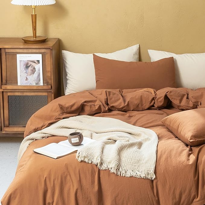 FOSSA Linen Duvet Cover Set 100% Washed Cotton Linen Feel Super Soft Breathable Cozy Simple Style 3 Pieces Bedding Sets Solid Dark Orange King