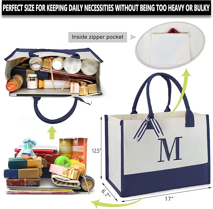 BeeGreen Embroidery Monogram Initial Tote Bag for Women Teacher Mom Friend Personalized Gift for Birthday Beach Work Wedding