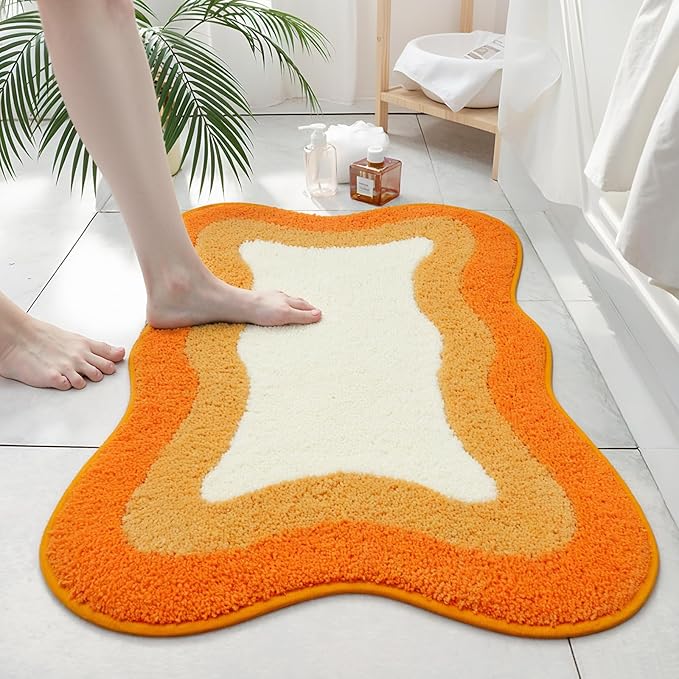 HAOCOO Bath Mats for Bathroom, 20x31 inch Fluffy Microfiber Shower Rug, Non Slip Aesthetic Washable Orange Bathroom Rugs Absorbent Carpet for Bathroom Floor Tub Shower