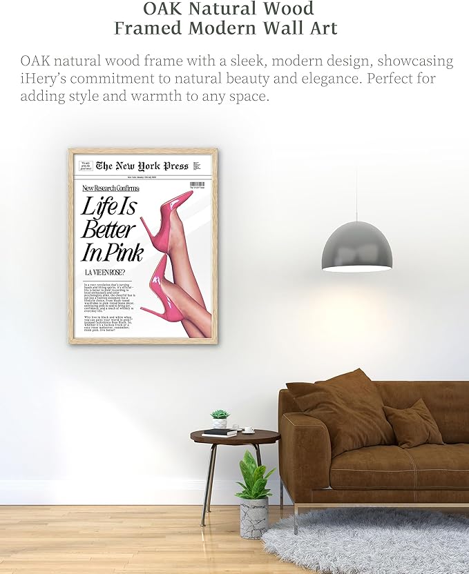 iHery Natural OAK Wood Retro Baby Pink News Framed Wall Art, 12x16 in Life Is Better In Pink Canvas Wall Decor, Beige Modern Trendy Newspaper Bedroom Decor, Set of 1 For Bathroom Living Room