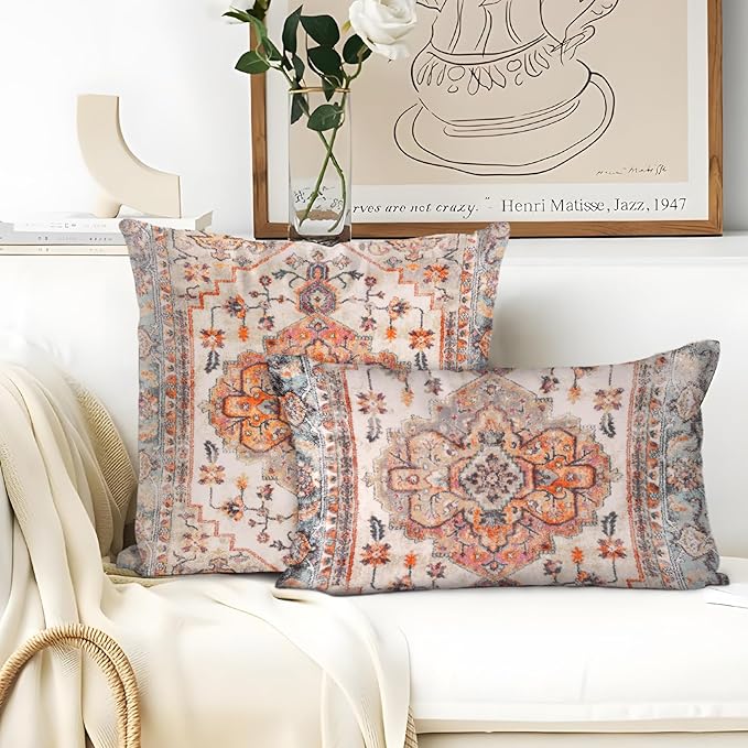 Boho Throw Pillow Covers 12x20 inch Set of 2,Boho Vintage Carpet Pattern Antique Ethnic Decor Double Sided Pattern Cushion Cover Soft Pillow Case Living Sofa Room Bed Square Pillow Cover