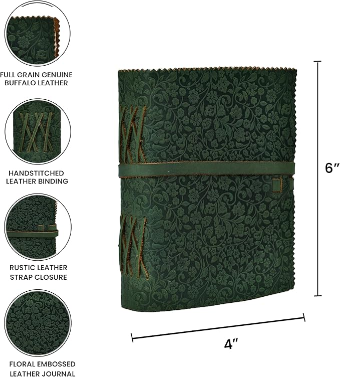 LEATHER VILLAGE Leather Bound Floral Embossed Journal for Women Men - 200 Pages, 6”X4”(A6), Green - Book of Shadows, Vintage Blank Paper Travel Diary, Notebook for Writing, Drawing, Sketchbook