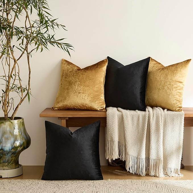 GIGIZAZA Decorative Throw Pillow Covers 18 x 18,Gold Black Soft, Set of 4 Square Velvet Cushion Covers
