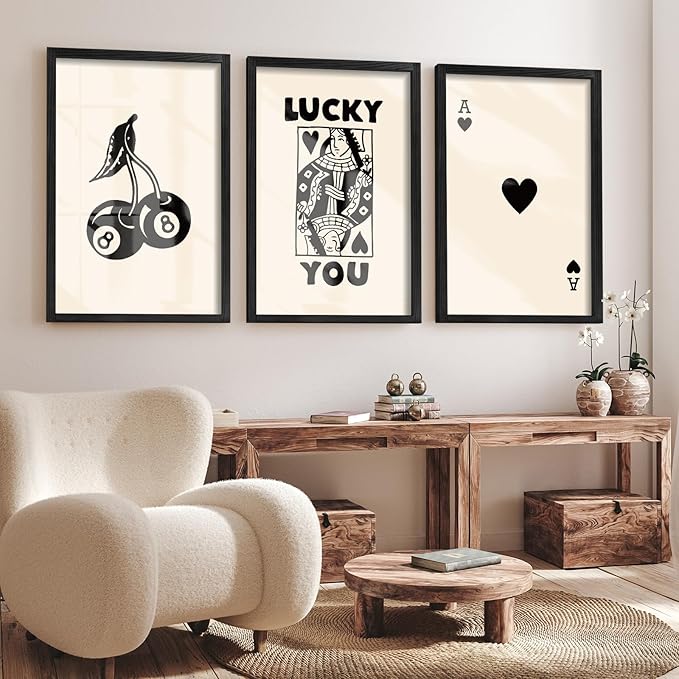 Heiple Framed Set of 3 Poker Wall Art Lucky You Poster, Trendy Retro Wall Art for Queen of Hearts Wall Art Rustic Vintage Farmhouse Home Wall Decor (Black, 16"x24")
