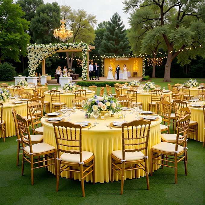 Outpain 6 Pack Spandex Yellow Round Tablecloths for 60in Tables, 120Inch Stretchy Fitted 5FT Round Table Clothes,Wrinkle Free Table Cover with Skirt for Wedding Party Dining Banquet