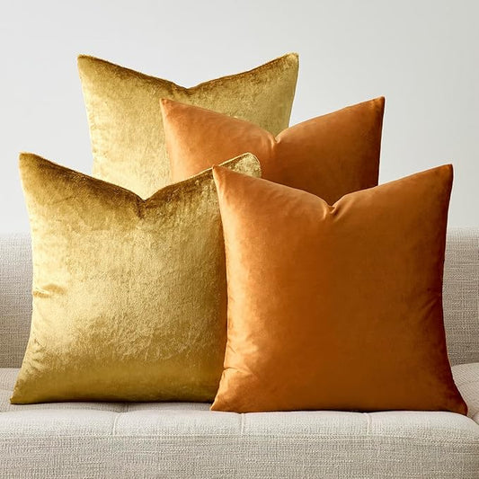 GIGIZAZA Velvet Gold Orange Pillow Covers 18x18，Pack of 4 Decorative Throw Pillow Soft Covers Square Couch Pillow Modern Covers Living Room Luxury Cushion Covers