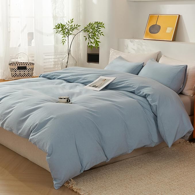 ECOCOTT Haze Blue Duvet Cover King Size, 3 Piece 100% Washed Cotton 1 Duvet Cover with Zipper and 2 Pillowcases, Ultra Soft and Easy Care Breathable Cozy Bedding Set (Haze Blue,King)