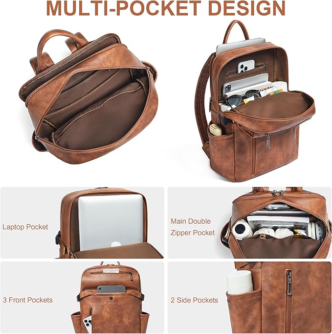 Leather Laptop Backpack for Women, 15.6 Inch Laptop Travel Backpack Purse Large Capacity Computer Bag, Casual Daypack Nurse Bag College Bookbag for School, Brown